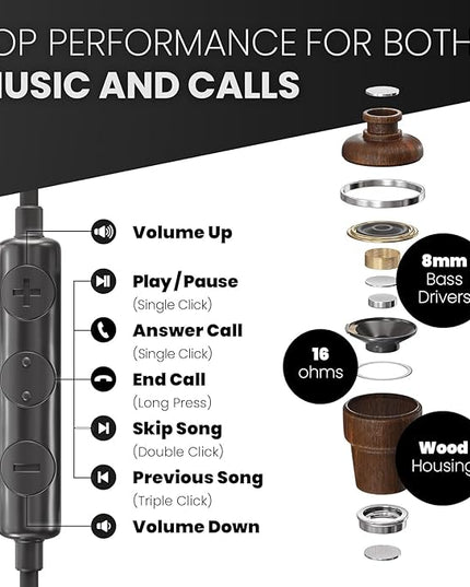Symphonized iPhone Earphones Wired Deep Bass Sound, 3D Sound, Microphone Volume Control, 90% Noise Cancelling, Bubinga Wooden with Lightning (Apple MFI Certified), iPhone SE to 14 Earbuds (Black)