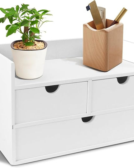 Charmewooden Desk Organizer with Drawers Countertop Drawer Organizer Drawers for Desk Top Home Office Workspace Bathroom Toiletries Supplies (White with shelf)
