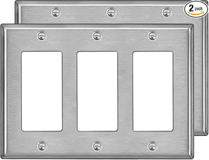 [2 Pack] BESTTEN 3-Gang Decorator Metal Wall Plate with Plastic Film, Standard Size, H4.53" x W6.38", Decor Stainless Steel Outlet Cover and Switch Wallplate, Brushed Finish, Silver