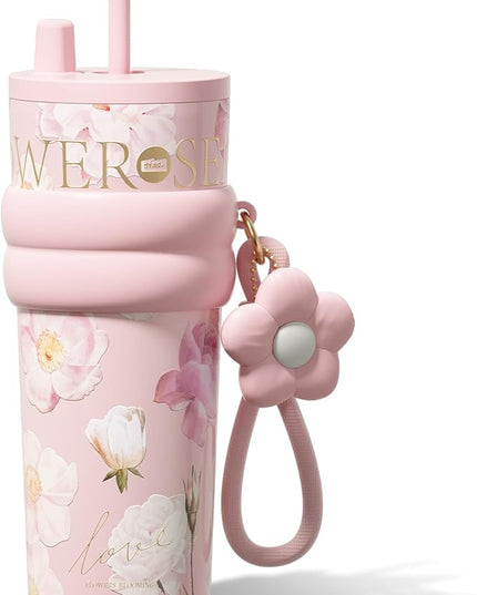 24 oz Stainless Steel Tumbler with Lid and Straw, Insulated Coffee Mug, Leak Proof, Portable Iced Travel Water Bottle, Reusable Thermal Coffee Cup, Floral Pink
