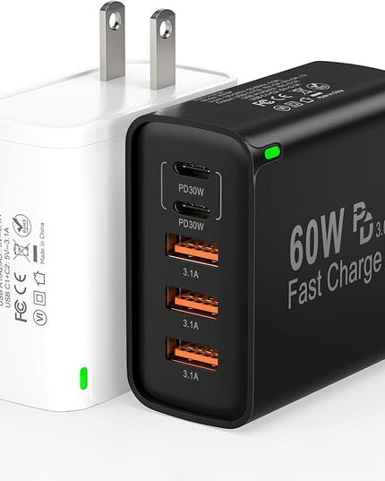 2Pack USB C Fast Charger Block, 60W 5-Port USB C Wall Charger 30W Type C Charging Block, 2USB C+3USB A PPS/PD 3.0 Multiport Charging Cube for iPhone 17 16 15 14 Pro Max,for Galaxy S25 S24 Ultra, i Pad