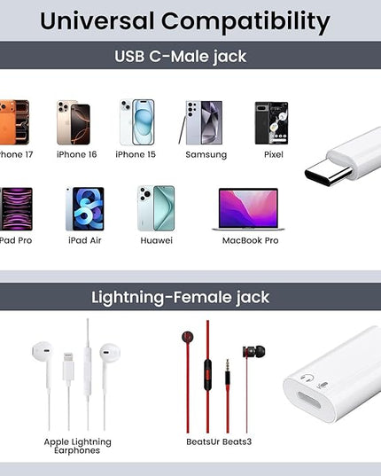 USB C to Lightning Headphone Audio Adapter, USB C Male to Lightning Female Earbuds Audio Adapter Compatible with iPhone 17/16/16e/15 Plus/Pro/Max, iPad Pro, iPad Air 6/5, MacBook (No Charge)[100 Pcs]