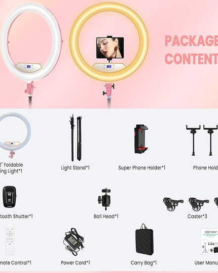 22" Foldable Ring Light with Stand for iPhone ipad, 75" Tripod with Wheels 50W 6500K LED Display/2 USB Ports Large Ringlight Rolling, Tattoo Barber Makeup Studio Video Photography Lighting(Pink)