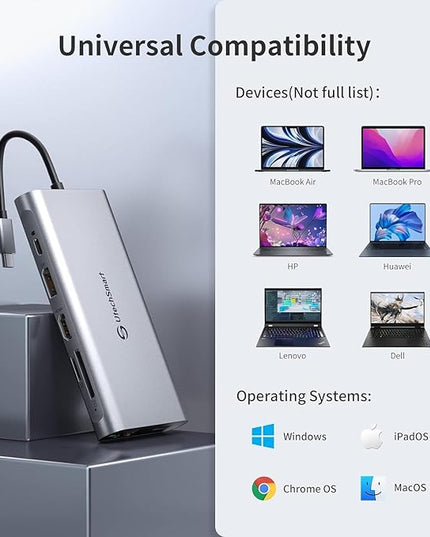 Docking Station, USB C Hub UtechSmart 12 in 1 USB C Dock Triple Display with 2 * 4K@60Hz HDMI, Displayport, 100W PD, 4 USB Ports, RJ45 Ethernet, SD/TF for MacBook, Dell, HP, Lenovo, Huawei