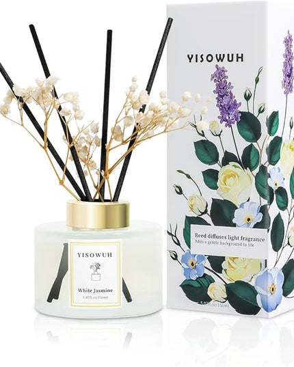 YISOWUH Reed Diffuser Set,5.07 fl oz (150 ml) - White Jasmine Oil Diffusers with 8 Reed Sticks,Home Fragrance Reed Diffuser for Bathroom Shelf Decor