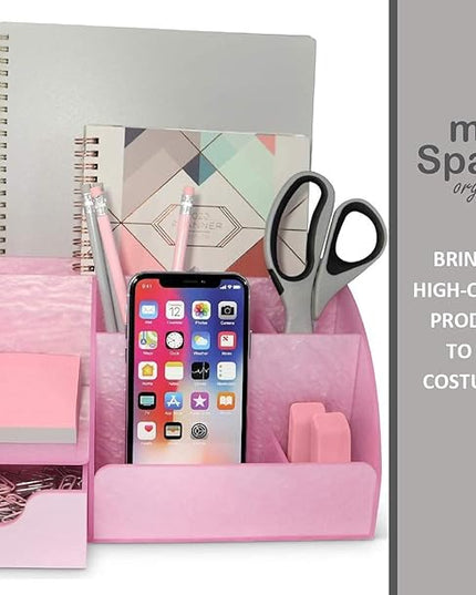 Pink Desk Organizer Office, Acrylic, with Drawer, 9 Compartments, Supplies and Cool Desk Accessories Organizer, Desktop Pen Holder (Pink)