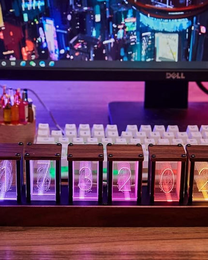Adventurers Nixie Tube Clock , Cool Clock, Retro Wooden Shell /LED Full Color Custom RGB and 12/24h Display,Decorate Room