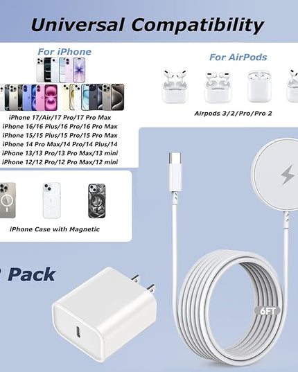 [Apple MFi Certified] Magnetic Charger,Wireless Charger Fast Charging 2Pack 6FT USB C Plug Mag-Safe Magnet Magvolt Pro Pad Chargers for iPhone Air/17 Pro Max/17/16E/16 Pro/16 Plus/15/14/13/12/AirPods