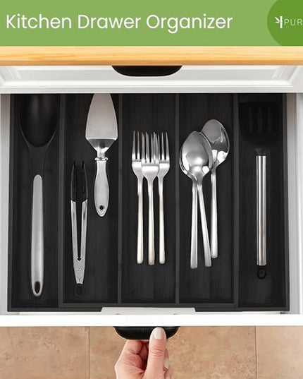 Purawood Kitchen Drawer Organizer - Expandable Utensil Organizer for Kitchen, Cutlery Tray & Silverware Organizer, 3-5 Slots - Bamboo Drawer Organizer for Utensils & Flatware (Black)