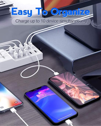10-Port USB Wall Charger Station with Rapid Charging Auto Detect Technology Safety Guaranteed Family-Sized USB Ports for Multiple Devices Smart Phone Tablet Laptop Computer