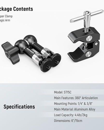 NEEWER 6"/15cm Adjustable Magic Arm with Super Clamp, 1/4" & 3/8" Threads, 1/4" Screws for Flash/LED Light/Microphone/Monitor, Compatible with SmallRig Camera Cage, Max Load: 4.4lb/2kg, ST15C