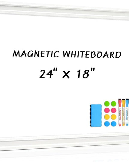 White Board for Wall, 24'' x 18'' Magnetic Dry Erase Board, Decorative Whiteboard with Plain White Wooden Frame, Hanging Writing Board for Home Office School Dorm