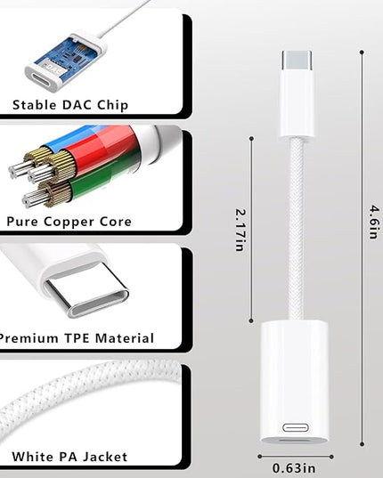 USB C to Lightning Headphone Audio Adapter, Type C Male to Female Lightning Earphone Converter with Charge/Data Transfer, Compatible with iPhone 16/15 Plus/Pro/Max, iPad Pro/Air 6/5/4, MacBook