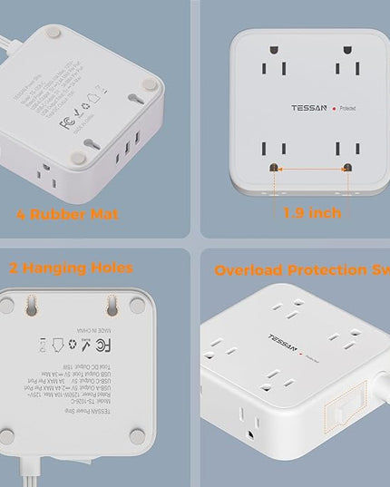 Surge Protector Power Strip, TESSAN 15 FT White Extension Cord Flat Plug with 8 AC Outlets 3 USB Ports (1 USB C), 900J Surge Protection, 3 Sided Wall Mountable Outlet Extender for Office Dorm Room