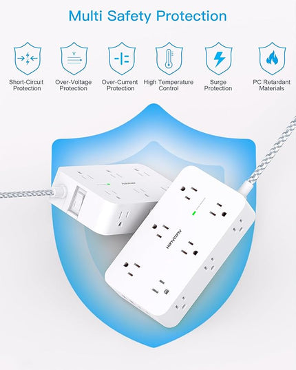 Power Strip Surge Protector, HANYCONY 12 Multiple Outlets 4 USB Ports (2 USB C), 5Ft Braided Extension Cord Flat Plug, Overload Surge Protection, Desk for Office Home College Dorm Room Essentials