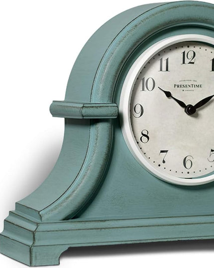 Presentime & Co. Mantel Clock Vintage Farmhouse Series, Napoleon Desk & Shelf Clock, 13 x 10 inch, Domed Lens, Quartz Movement, ABS Plastic Case, Aged Teal Finish (Home/Tabletop Decoration)
