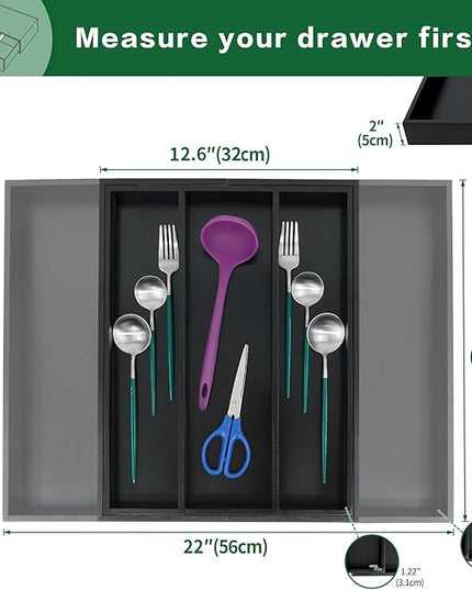 Utoplike Bamboo Drawer Organizer Kitchen Utensils, Adjustable Black Silverware Holder and Cutlery Tray Organiser, Expandable Drawer Divider for Flatware, Knives in Kitchen, Bedroom, Living Room