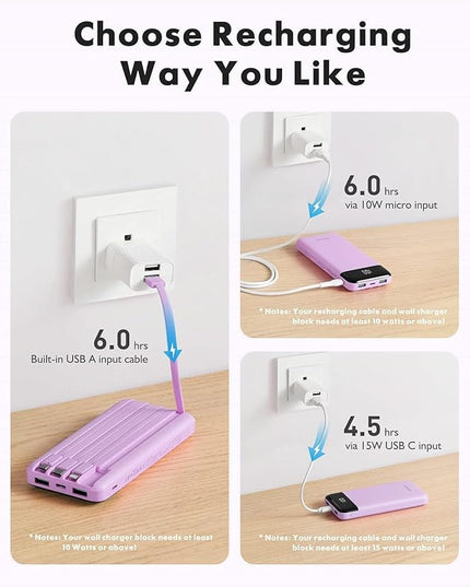 charmast Portable Charger with Built in Cables, Power Bank with Cords Wires, Slim 10000mAh Travel Battery Pack 6 Outputs 3 Inputs 6A Fast Charging for Samsung Google Pixel LG Moto iPhone iPad