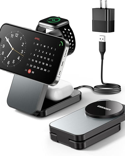 ESSAGER 3 in 1 Foldable Travel Wireless Charger Compatible with iPhone 16/15/14/13/12 Series, 15W Magnetic Wireless Charging Station for Desk for Airpods 4/3/2/Pro, iWatch with 20W Adapter