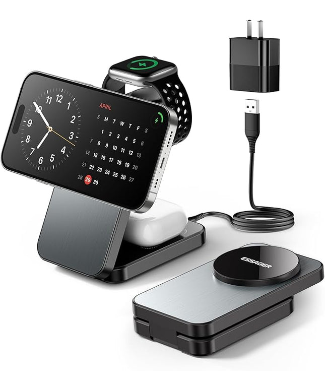 ESSAGER 3 in 1 Foldable Travel Wireless Charger Compatible with iPhone 16/15/14/13/12 Series, 15W Magnetic Wireless Charging Station for Desk for Airpods 4/3/2/Pro, iWatch with 20W Adapter