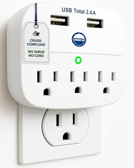 Cruise Approved Power Strip - Non Surge Protector for Cruise Ship with 2 USB Outlets - Cruise Ship Essentials 2026 for Carnival, Princess, Norwegian, Holland America, MSC & Major Cruise Lines (White)