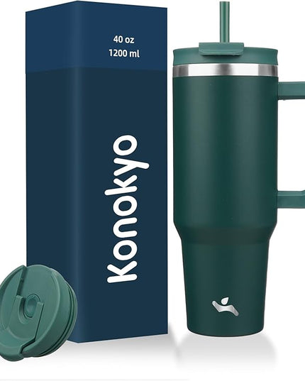 40 oz Tumbler with Handle and 2 Straws,2 in 1 Lid Insulated Water Bottle Stainless Steel Travel Coffee Mug,Dark Green
