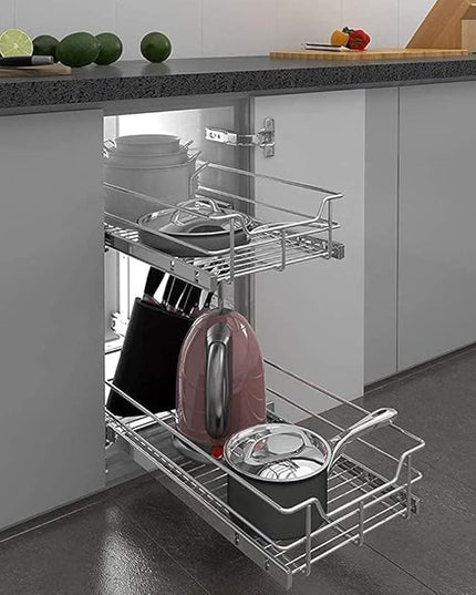 2 Tier Pull Out Cabinet Organizer 15" W X 22" D, Slide Out Drawers For Kitchen Cabinets, Pull Out Drawers For Cabinets Capacity Heavy Duty Caddy, Cabinet Pullout Shelves Chrome-Plated,Bathroom Pantry | Slide Out Drawers, For Kitchen Cabinets, Heavy Dut...