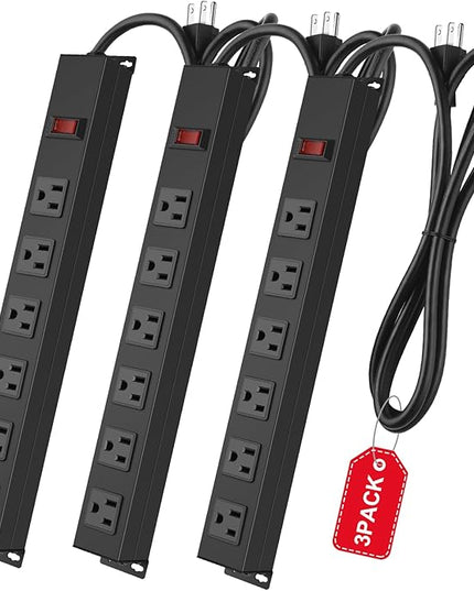 3Pack Metal Wall Mount Power Strip, Mountable Power Outlet with 6 AC Outlets, Aluminum Alloy Mount Power Socket with Switch, 6 FT SJT 3/C 14AWG Power Cord, 15A 125V 1875W (6AC)
