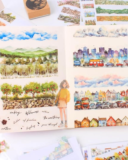 20 Sheets City Landscape Pre-Cut Journal Stickers Book for Journaling, Scrapbooking, Dual Transparent PET and Washi Stickers for Adults Junk Journals, Bujo, Collage, Planner, Album