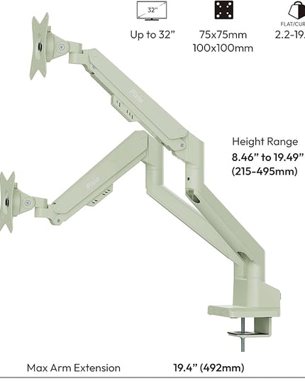 Pixio PS1D Wave Mint Green Dual Monitor Arm Stand Desk Mount - Fits up to 32 inches Monitors and up to 19.8lbs. VESA Compatibility and Integrated Cable Management