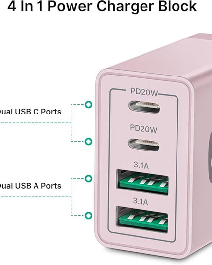 40W USB C Charger Cube, 2-Pack Fast Charging Block, 4-Port QC Wall Plug +PD 3.0 Power Adapter Multiport Brick Type C Charger Block for iPhone 15/15 Pro/15Plus/14/14 Pro/13/12/11,iPad, Airpods,Samsung