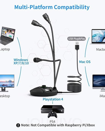 JOUNIVO USB Computer Microphone JV605 PRO with Mute Button & Volume Knob Compatible with PC Laptop Desktop Mac PS4, Play & Plug Gooseneck Mic Recording for Gaming, Streaming, YouTube, Vocal