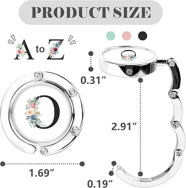 Iqimott 3pcs Personalized Initial Foldable Purse Hook for Table, Flower Letter Folding Handbag Hanger Portable Magnet Table Hook Holder, Collection Desk Purse Hooks for Women Bag (Black-O)