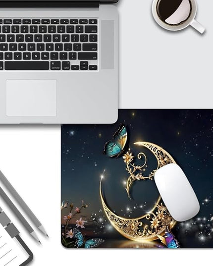 Golden Retro Fantasy Starry Moon Butterfly Square Mouse pad, Texture, Waterproof, Anti Slip Rubber Base, Computer Mouse pad