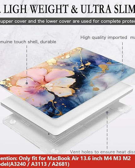 CISSOOK Compatible with MacBook Air 13.6 inch Case M2 M3 M4 Release 2025 2024 2023 2022, Plastic Hard Shell Case Keyboard Cover Screen Film for MacBook Air 13 inch A3240 A3113 A2681, Marble Flower