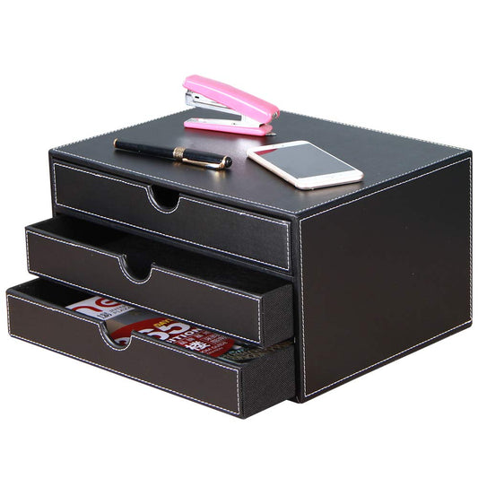 RHCSZ High-end PU Leather Desk Organizer File Cabinet Executive Office Supplies Desktop Filing A4 File Cabinet Stackable Storage Organizer Box with 3 Drawers (Black)…