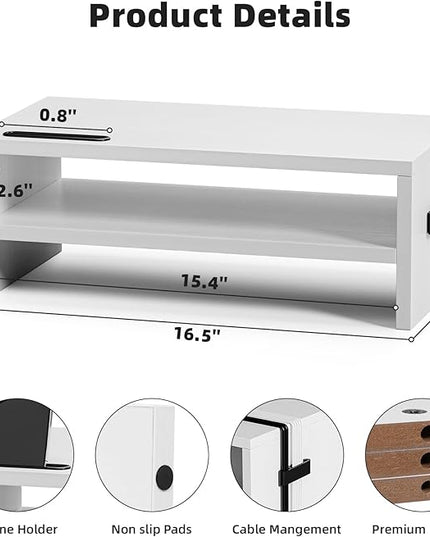 Marbrasse Monitor Stand Riser, 16.5 Inch 2 Tier Computer Printer Shelf Stand for Laptop Computer Screen Storage, Desktop Stand with Phone Holder and Cable Management (White)