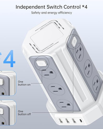 Power Strip Surge Protector, 10 Ft Extension Cord with 12 AC Multiple Outlets 4 USB (1 USB C), SMALLRT Power Tower Desktop Charging Station (White, 10 FT PD20W)