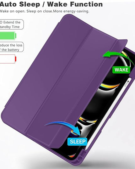 ZryXal iPad Pro 11 Inch Case (M5) 2025/ (M4) 2024 (Model: A2836/A2837/A3006), Trifold Stand Smart Cover with Pencil Holder and Soft TPU Back, Auto Wake/Sleep (Dark Purple)
