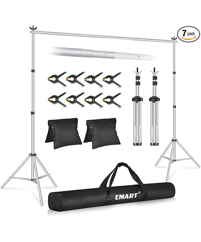 EMART Backdrop Stand 10x7ft(WxH) Photo Studio Adjustable Background Stand Support kit with 2 Crossbars, 8 Clamps, 2 Sandbags and Carry Bag for Parties, Events Decoration, Wedding, Photography -Silver