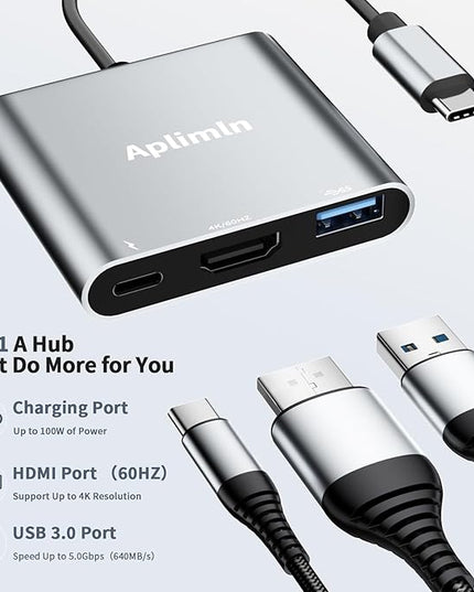 Aplimln USB C to HDMI Adapter, 4K@60Hz HDMI to USB-C Adapter with USBA 3.0 & 100W PD Port Multiport Digital AV Converter for MacBook Pro/Air, iPad, iPhone 15/16, Tablets, Switch, TV, Monitor and More