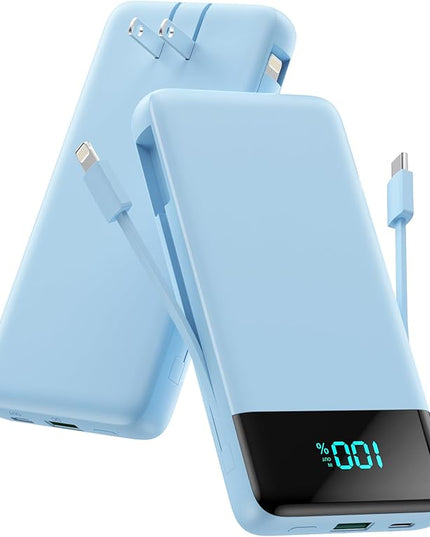 Portable Charger for iPhone with Built in Cables and Wall Plug,Upgraded 13800mAh Fast Charging USB C Power Bank,4 Outputs Travel Essential Battery Pack Compatible with iPhone 17/16/15/14,-Light Blue