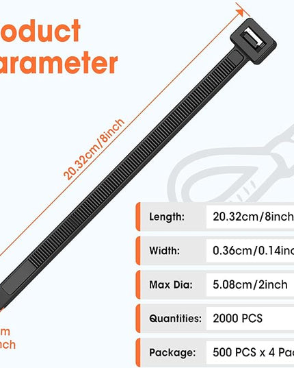 2000 PCS Zip Ties 8 Inch, Cable Ties 40lbs Tensile Strength, Black Zip Ties for Indoor and Outdoor Use, UV Resistant Wire Ties