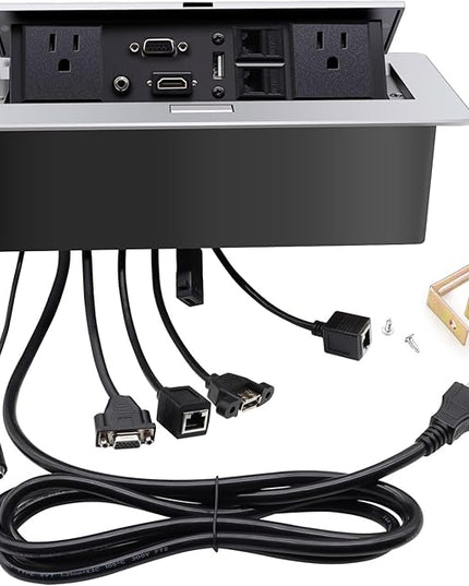 Pop Up Outlet; Pop up Power Strip; Embedded countertop Connection Outlet Box; 2 Outlets Max Power 1875W,HDMI USB VGA 3.5mm Audio Network Port Conference Table Multimedia Outlet Box -Silver