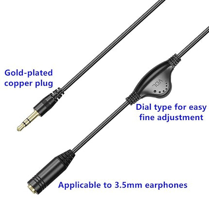 PChero 3.5mm Male to Female Stereo Audio Extension Adapter Cable with Volume Adjustment Control - 10inch