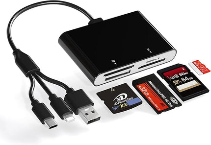 Memory Stick Pro Duo Card Reader, 4 in 1 SD/TF/MS/XD Card Reader with L-ightning+USB A+USB C, Multi Card Reader Support OTG, Fast Data Transfer, Memory Stick Reader for i-Phone/Android/PC