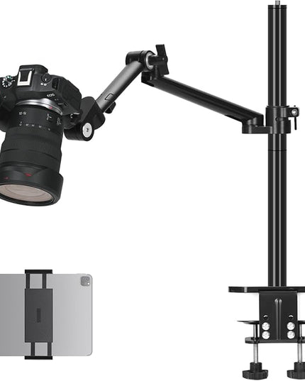 TARION Camera Arm Desk Mount: Heavy Duty DSLR Desktop Mount Camera Stand with Tablet Holder Double C Clamp 1/4 3/8 Screw Adapter Articulating Arm for Selfie Streaming Videography TitanRig Lite Z