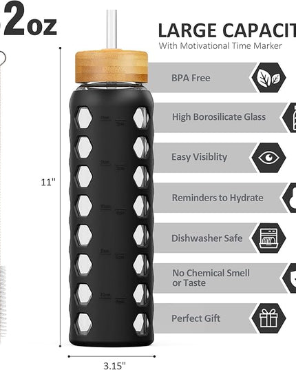 MUKOKO 32oz Glass Water Bottles with 2 Lids-Handle Spout Lid&Bamboo Straw Lid, Motivational Water Tumbler with Time Marker Reminder and Silicone Sleeve, Leakproof-Black-1 Pack