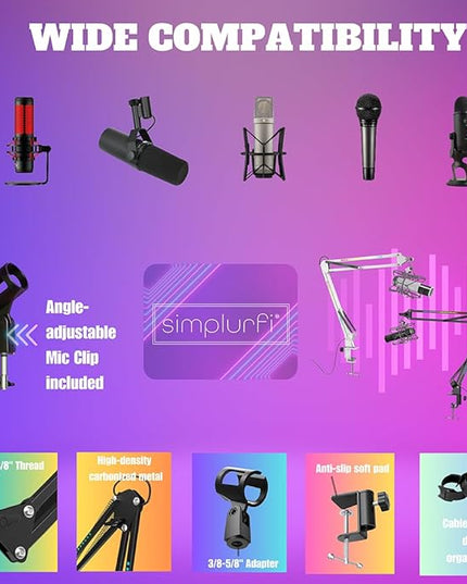 RGB Boom Arm, Adjustable Mic Stand with Desk Mount Clamp and Mic Clip, Compatible with HyperX Quadcast, Blue Yeti, Rode, Shure SM78 for Streaming, Gaming, Youtube Recording （WHITE）