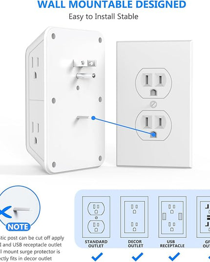 3 Pack Surge Protector Outlet Extender, 6 Outlet Splitter with 4 USB Ports (2 USB C), Multi Plug Wall Outlet 1050J Power Strip, USB Wall Charger for Home Office Kitchen Travel